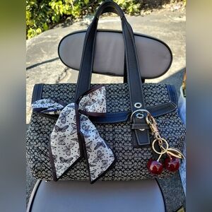 Coach Black & Gray Signature Satchel with Butterfly Scarf and Cherry Charm